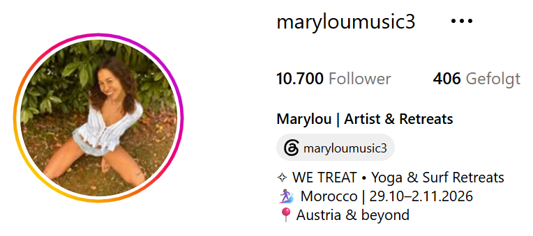 Instagram-Profil maryloumusic3: Marylou | Artist & Retreats — WE TREAT Yoga & Surf Retreats, Morocco 29.10.–2.11.2026, Austria & beyond